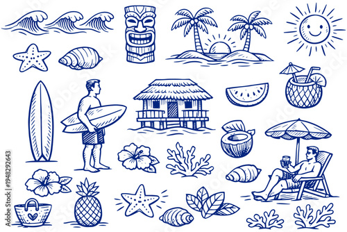 Tropical Hawaii Summer Beach Doodle Vector Set Surfboards Palm Trees Waves Sun
