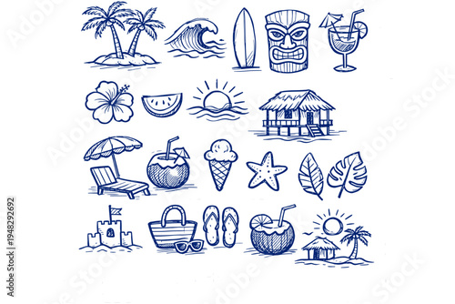 Tropical Hawaii Surf Doodle Vector Collection Palm Trees Waves Woman Surfer Sun Elements