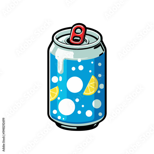 A vibrant artwork of a cold soda can adorned with playful bubbles and lemon slices, symbolizing refreshing beverages that revive spirits on hot days.