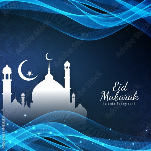 Stunning blue and white eid mubarak islamic background design featuring an elegant mosque silhouette with a prominent crescent moon and star, symbolizing peace and blessings for the holy festival cele