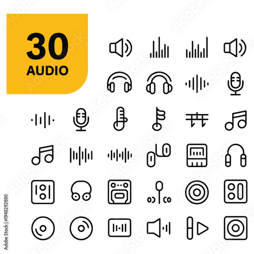 Audio equipment line icons for music production sound recording and media players