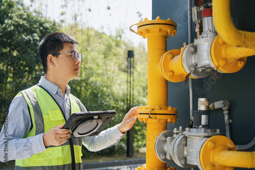 Engineer inspecting yellow gas pipeline equipment on site