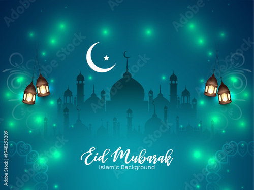A vibrant and beautifully designed islamic background illustration featuring a serene mosque silhouette with grand domes and minarets beneath a luminous crescent moon and star, embodying the spirit of