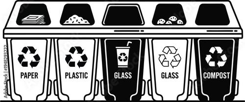 recycling bins for paper, plastic, glass and compost