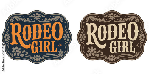 Rodeo Girl Belt Buckle Tag Label Vector Featuring Cowboy Bull Rider and Floral Details Cowgirl Rustic Vintage Style Emblem Decorative Western Illustration Ranch Theme Design