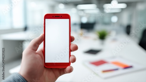 Wallpaper Mural Hand Holding Red Smartphone with Blank White Screen in Modern Office Environment Torontodigital.ca