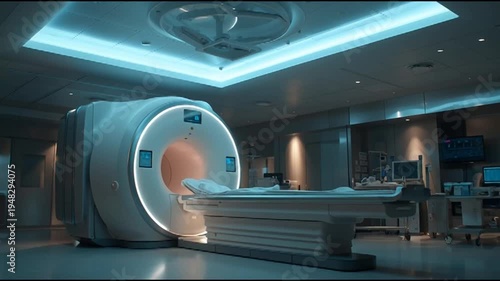 Advanced mri scanner with patient table and medical equipment in a modern, blue-lit examination room
