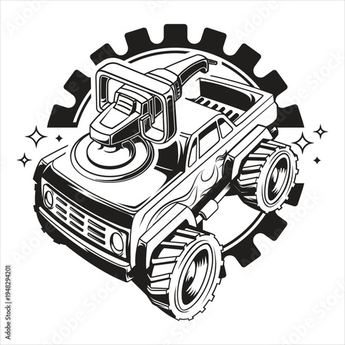 Professional car detailing badge with polisher and truck icon Vector