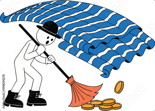Discovering hidden money: stick figure sweeping gold coins from under a striped rug.