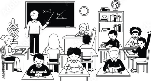black and white illustration of children in classroom