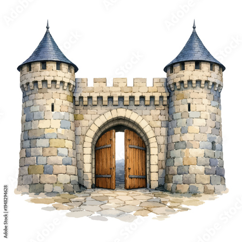 A watercolor illustration of medieval castle gates for fantasy designs, historical architecture themes, and fairytale storybook illustrations.