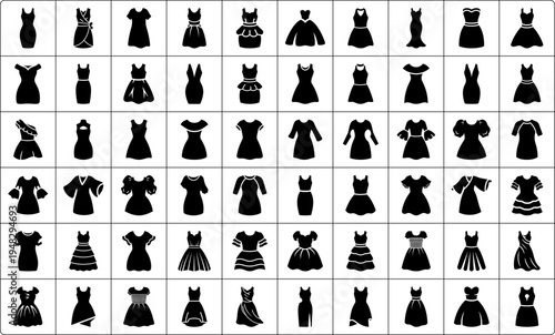 A grid of various dress silhouettes in black on a white background, showcasing different styles and designs, highlighting the silhouette of each dress.
