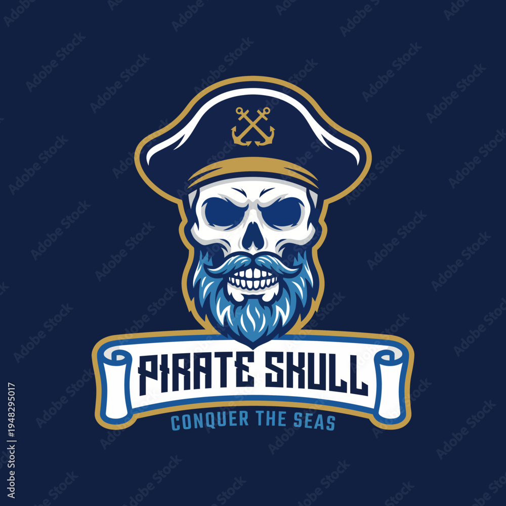 Fototapeta premium This striking pirate skull logo evokes adventure and the sea with its bold colors and design, making it perfect for brands related to exploration or maritime themes.