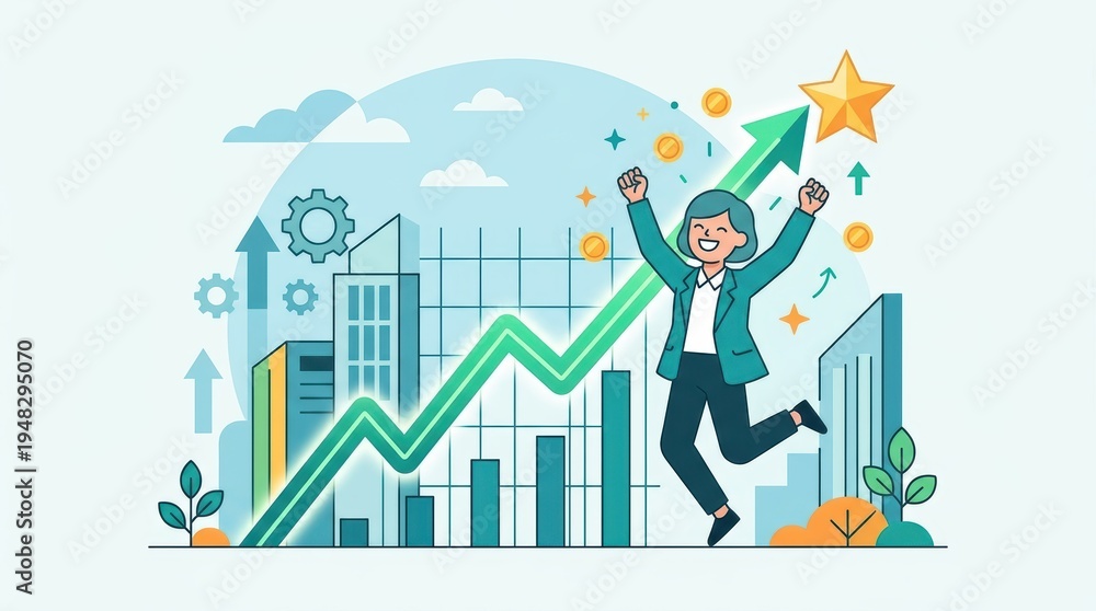 Fototapeta premium Minimalist modern flat illustration of financial success, happy character with rising graph.
