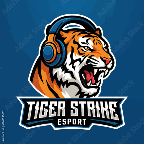 A striking esports logo featuring a fierce tiger wearing headphones, combining strength and gaming culture, ideal for gaming teams and competitive events.