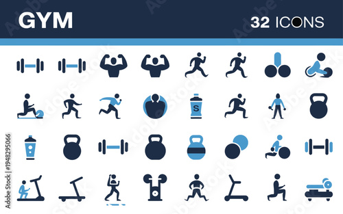 Gym and fitness center icons set featuring workout equipment and training people