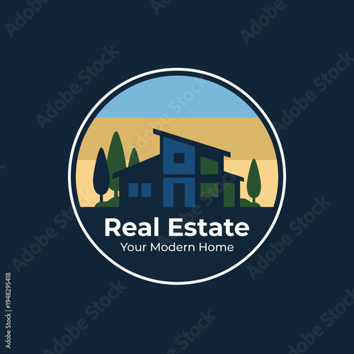A contemporary logo design showcasing a modern home, symbolizing real estate professionalism and today's innovative approach to home ownership and modern living.