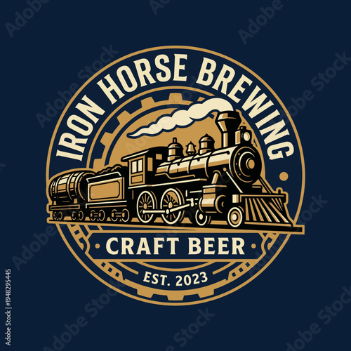 A striking logo for Iron Horse Brewing featuring a vintage train, blending nostalgia with craft beer culture, representing the journey and craft of brewing.
