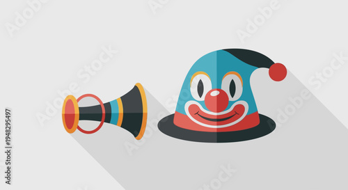 April Fool's Day prank with colorful clown hat and horn on table indoors