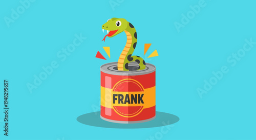 Snake emerges on April Fool's Day from can labeled Frank