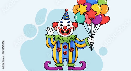 Clown celebrates April Fool's Day with balloons in a festive setting outdoors