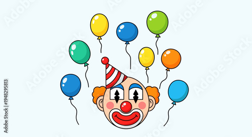Clown celebrates April Fool's Day with colorful balloons nearby