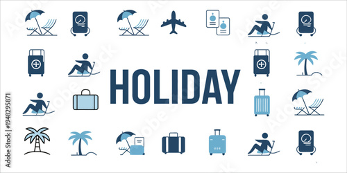 Holiday icons for travel, vacation and leisure activities set vector