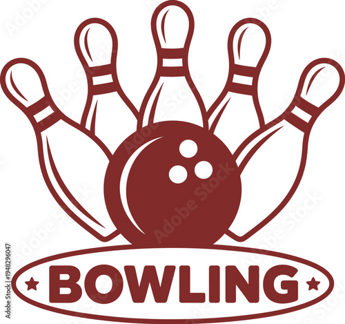 Vintage Bowling Alley Emblem Featuring Retro Bowling Pin and Ball Logo Maroon Bowling League Graphic Classic Ten-Pin Sports Badge Illustration for Club Branding