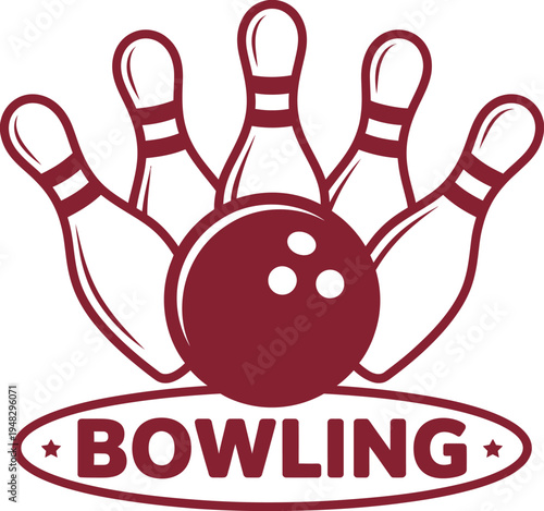 Vintage Bowling Alley Emblem Featuring Retro Bowling Pin and Ball Logo Maroon Bowling League Graphic Classic Ten-Pin Sports Badge Illustration for Club Branding