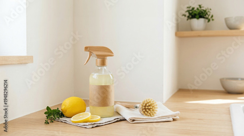 Eco-Friendly Lemon Cleaning Solution with Wooden Spray Bottle in Minimalist Kitchen Setting for Sustainable Living