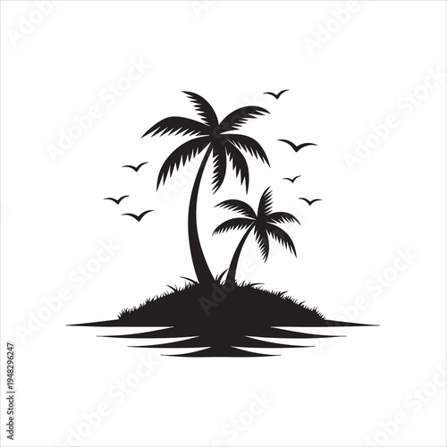 Stylized Exotic Paradise Landscape Illustration with Coconut Trees and Birds for Logo Design