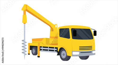 Yellow construction truck with an auger drill for earth work Vector