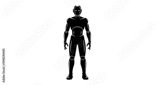 Futuristic humanoid robot silhouette standing tall against a white backdrop.