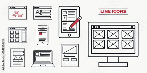 a collection of line icons on various devices Vector