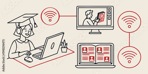 student connected to online courses with wifi Vector