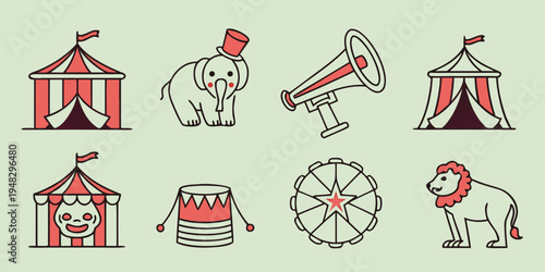a set of circus icons including tent elephant and lion Vector
