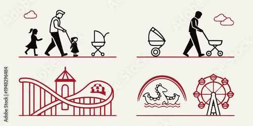 amusement park icons with people and rides Vector