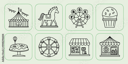 a set of carnival icons including a tent, carousel, flower, ice cream, mushroom, wheel, shop, and house Vector