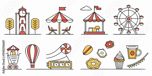 a collection of carnival icons and food items Vector