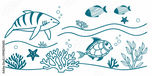 a group of fish and sea creatures swimming in the ocean Vector