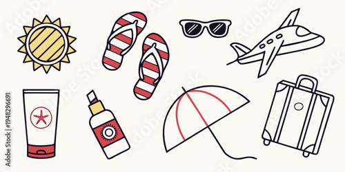 a collection of summer vacation items Vector