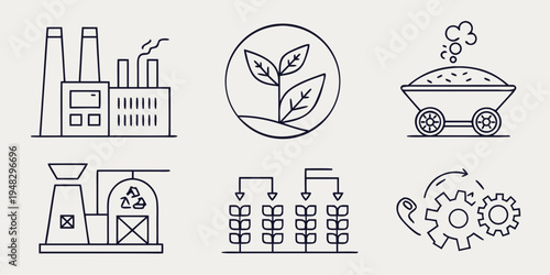 industrial icons with factory, plant, pot, laboratory, barrels and gear Vector