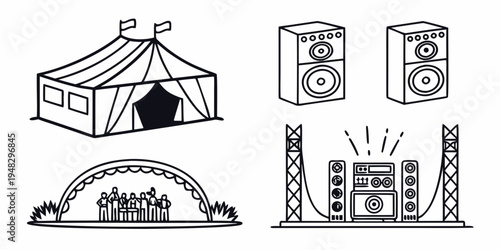 a set of festival stage and tent icons Vector