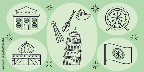 a set of icons representing italian landmarks and symbols Vector