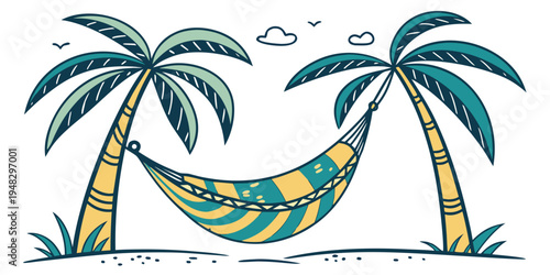 a colorful hammock between two palm trees on a beach Vector