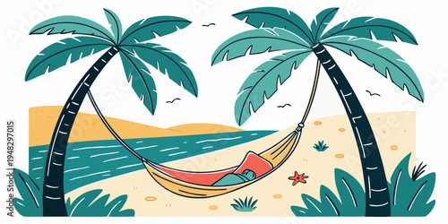 a hammock between two palm trees on a beach Vector