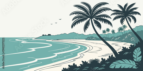 a serene beach scene with palm trees and ocean waves Vector