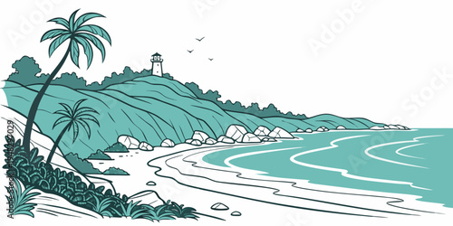 a beach with a palm tree on a sunny day Vector