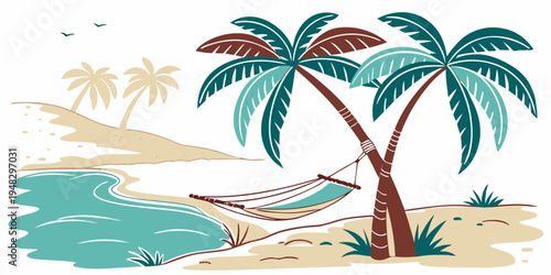 a hammock between two palm trees on a beach Vector