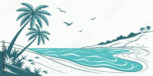 a beach scene with a palm tree and birds flying overhead Vector
